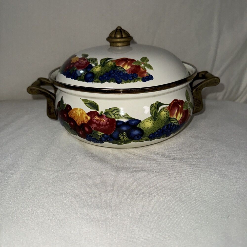 Enamelware Pot w/ Lid Fruit Design Vintage Casserole Dish Regency Club, Brass